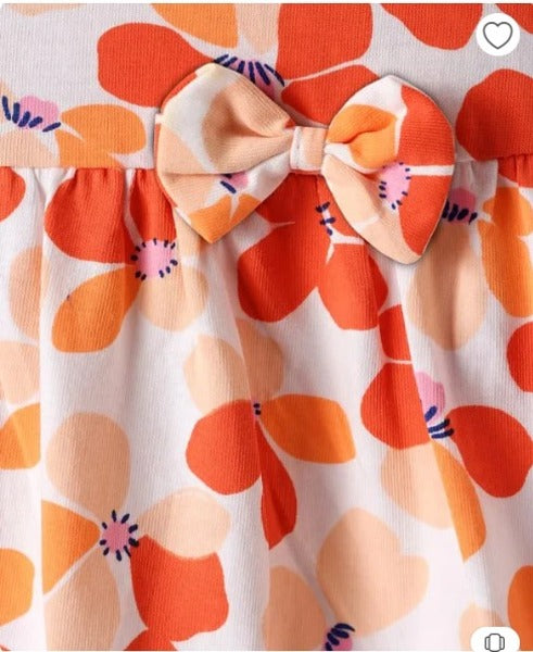 Teddy Sinker Knit Sleeveless Frock with Floral Print & Bow Applique - Orange