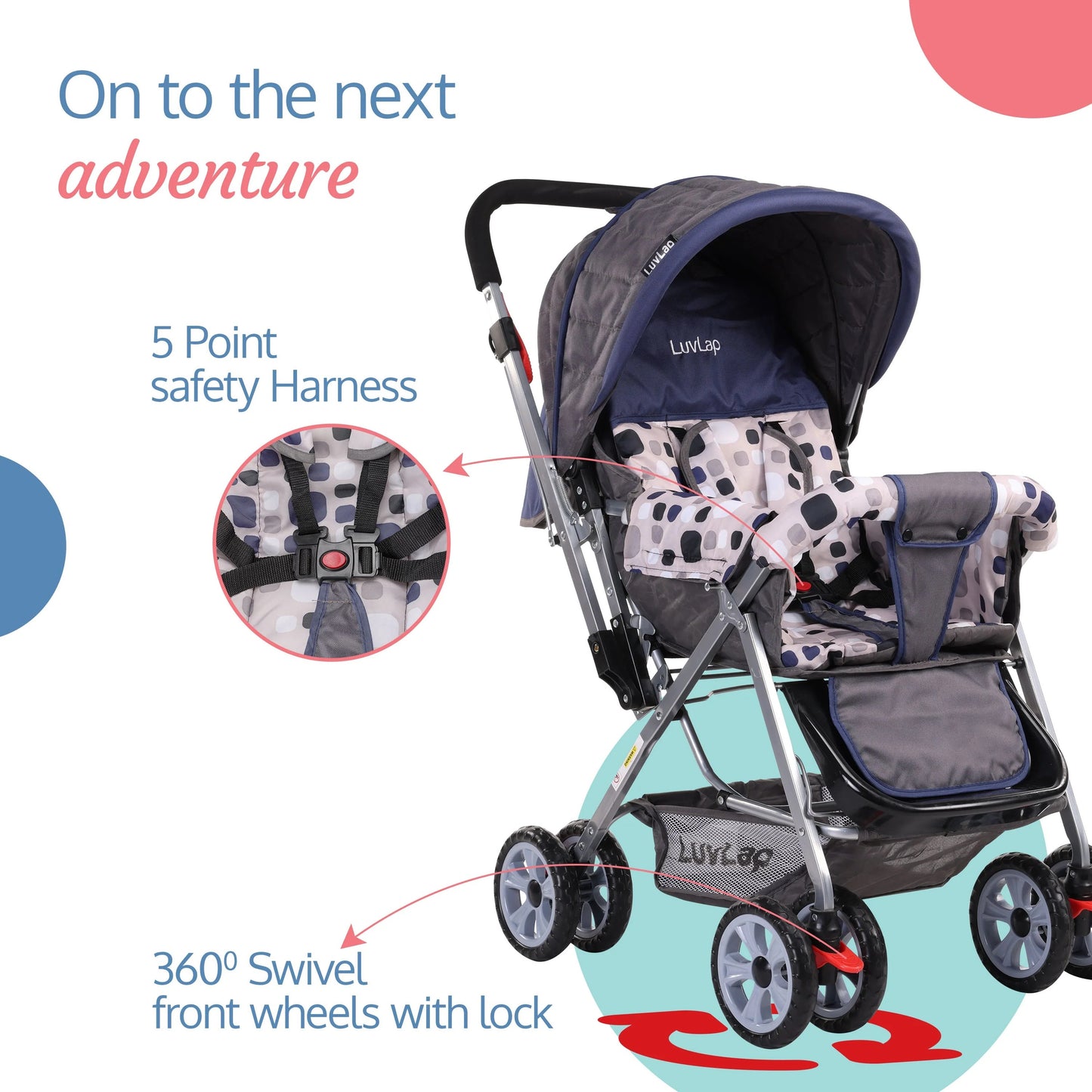 LuvLap Sunshine Baby Stroller/Pram for 0 to 3 Years New Born/Toddler/Kid 5 Point Safety Harness Adjustable backrest 360 Swivel Wheel Large Storage Basket Reversible Handlebar(Navy Blue)