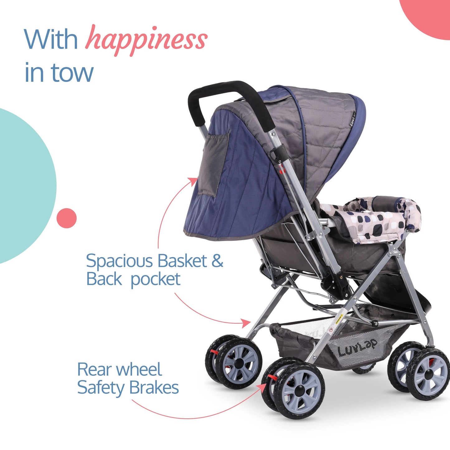 LuvLap Sunshine Baby Stroller/Pram for 0 to 3 Years New Born/Toddler/Kid 5 Point Safety Harness Adjustable backrest 360 Swivel Wheel Large Storage Basket Reversible Handlebar(Navy Blue)