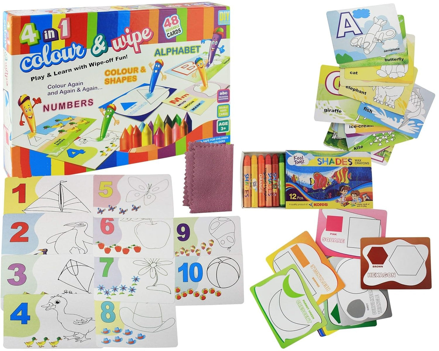 4-in-1 Colour & Wipe Learning Kit – ABCs, Numbers, Shapes & Colours for Preschoolers