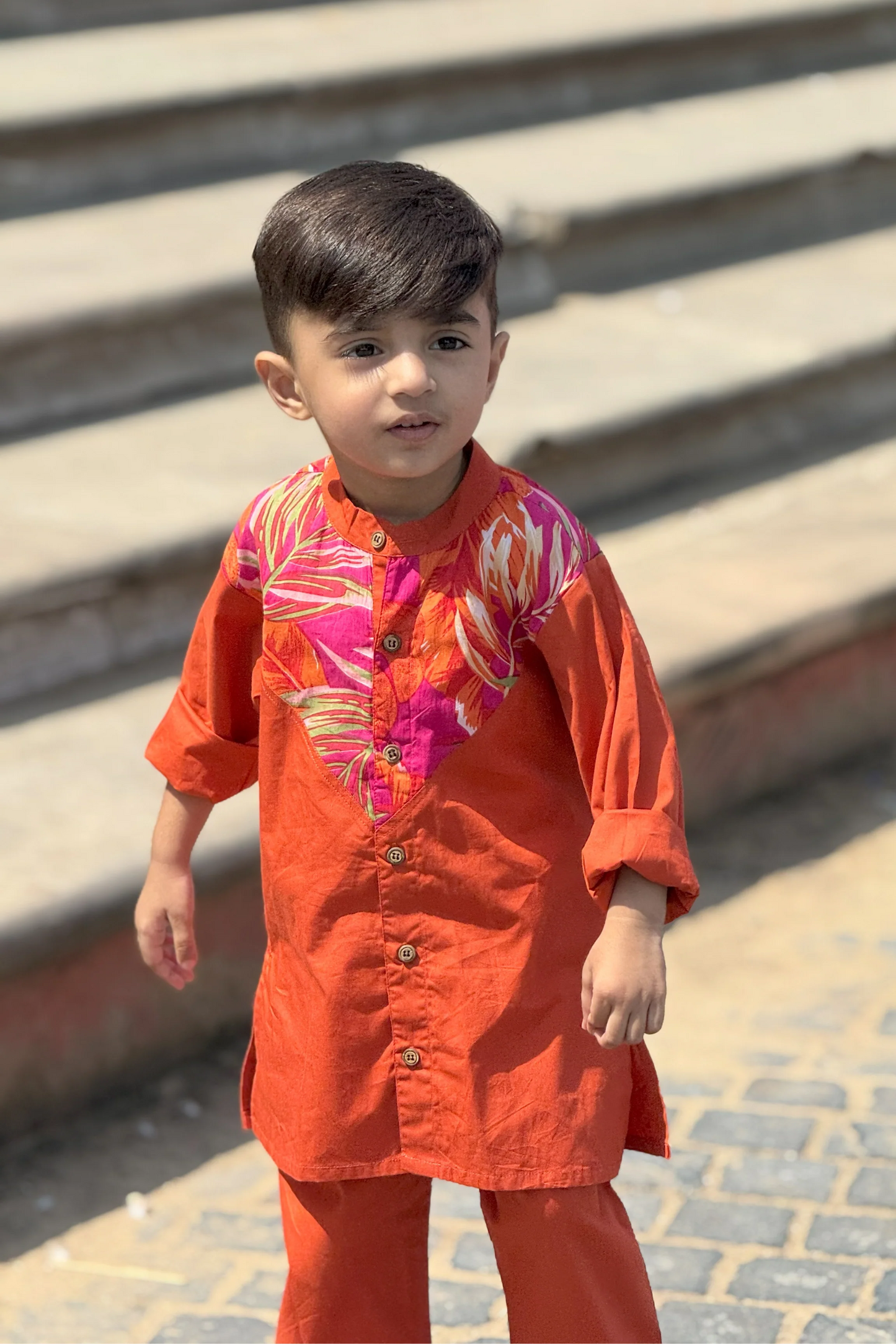 Peekaaboo Trendy Boys' Imarti Kurta Set – Orange Color Block Design