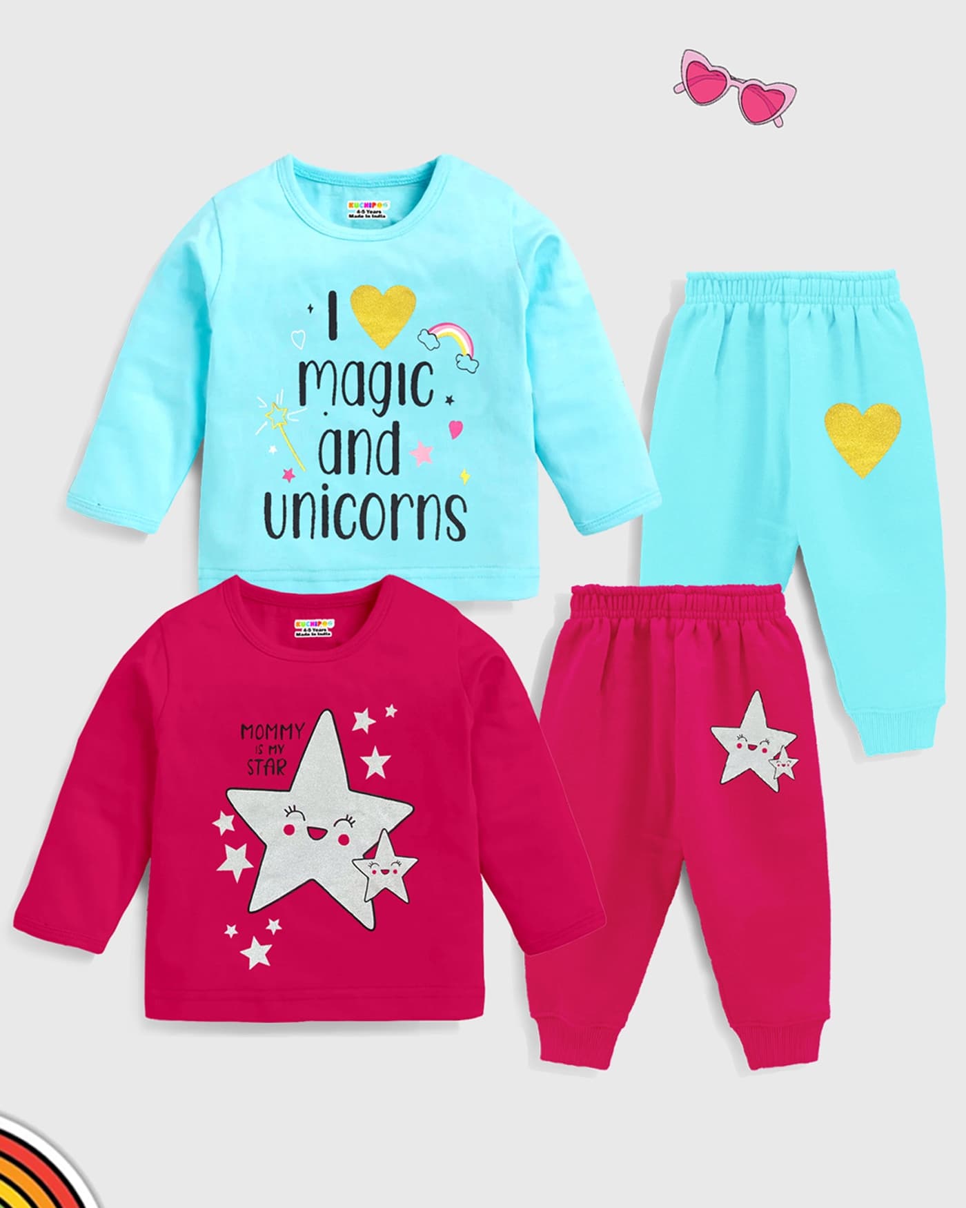 Kuchipoo Girls Casual T-shirt & Joggers Set with Unicorn Print in Pink and Light Blue