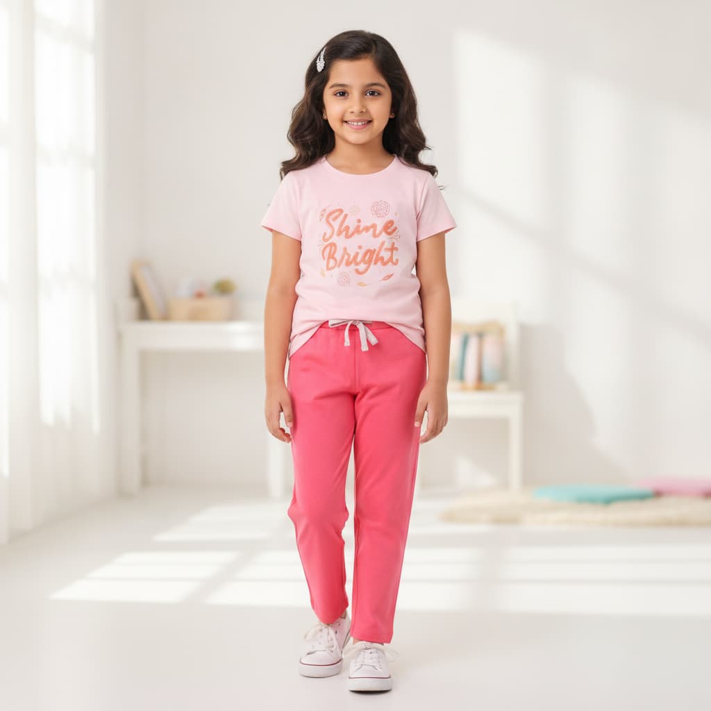 Bumzee Girl Pink Half Sleeve T-Shirt Pyjama Set Round Neck Rib Shine Bright Placement Print