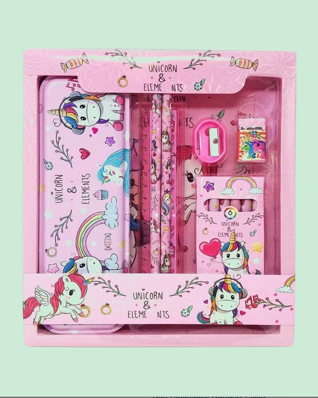 Smilebug Unicorn Stationery Set Combo – Metal Pencil Box, Crayons, Eraser, Sharpener, Scale & Pencils for Kids, Pink Gift Set