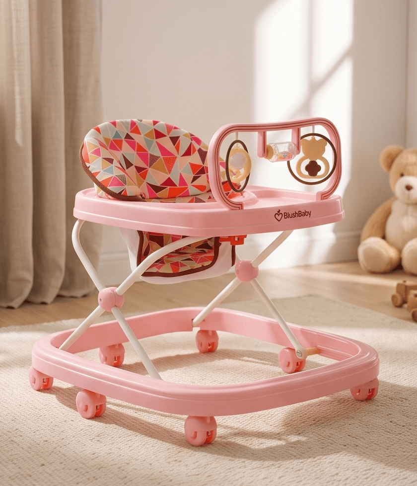 Blushbaby Foldable Baby Walker (6–18 Months) Height-Adjustable Activity Walker with Cushioned Seat – Pink