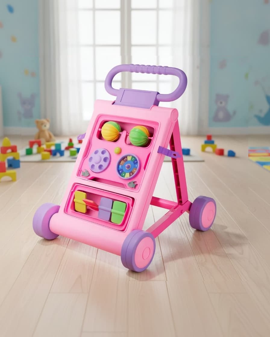Uonibaby by StarAndDaisy Baby Push Walker with Music, Kids Push Walker with Wheels and Colorful Plates – Pink