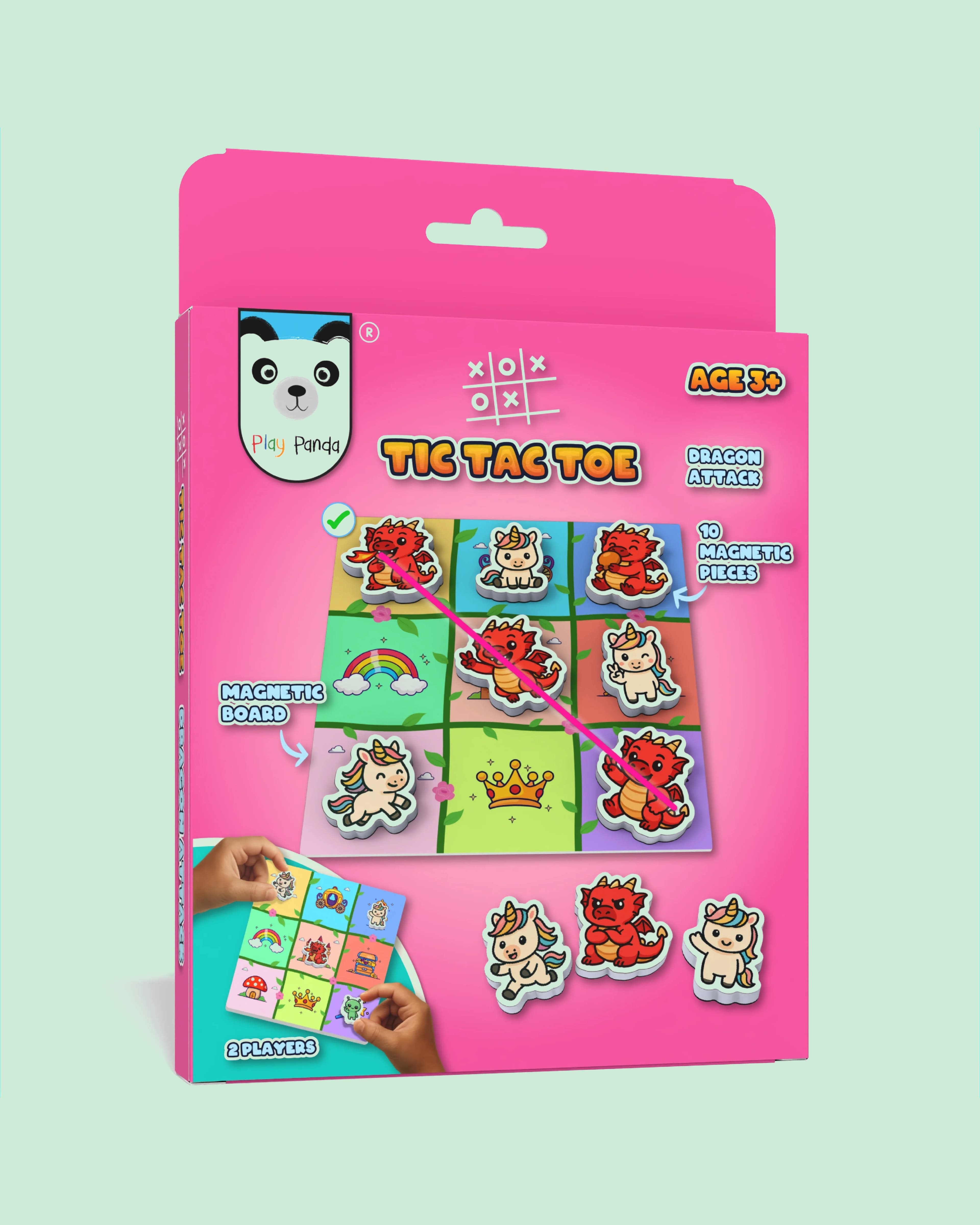 Play Panda Magnetic Tic Tac Toe Dragon Attack Board Game for Kids, 10 Magnetic Pieces, Write & Wipe Sketch Pen Travel Game
