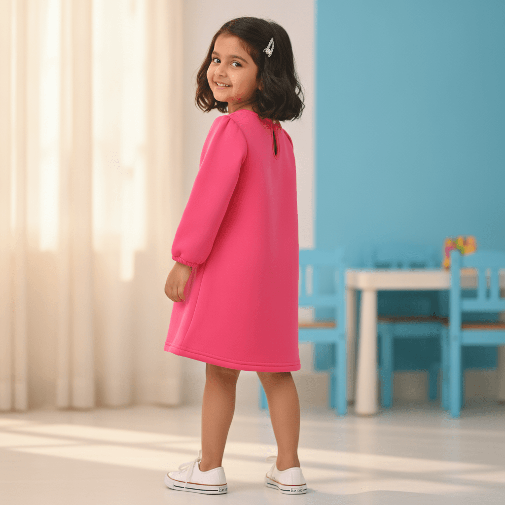 Hopscotch Pink Full Sleeve One Piece Dress for Girls - Formal/Partywear, All Season, Polyester