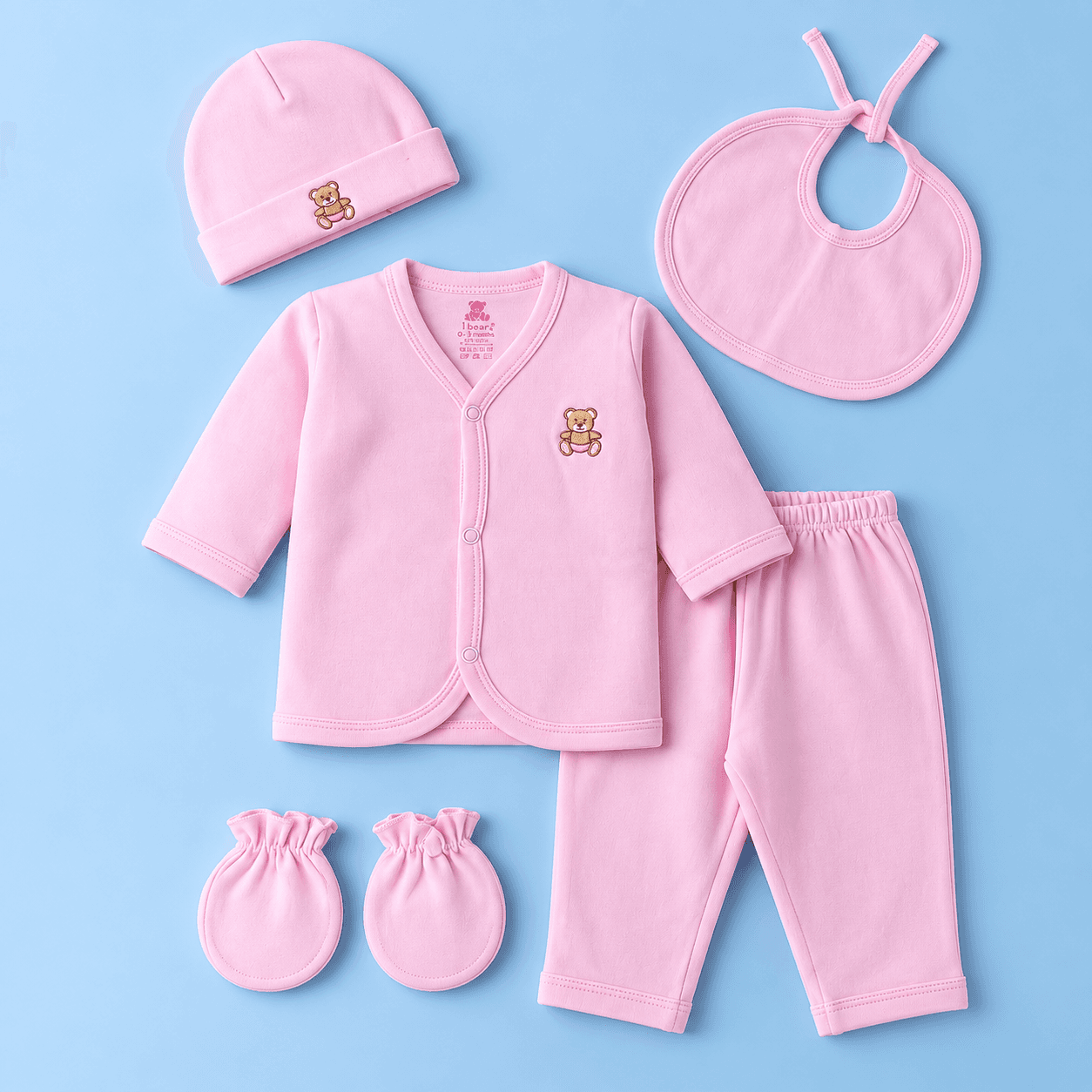 I Bears Unisex Cotton Hospital Gift Set with Jhabla, Cap, Mittens & Bib, Full Sleeve V-Neck  & Full-Length Pyjama Set - Pink