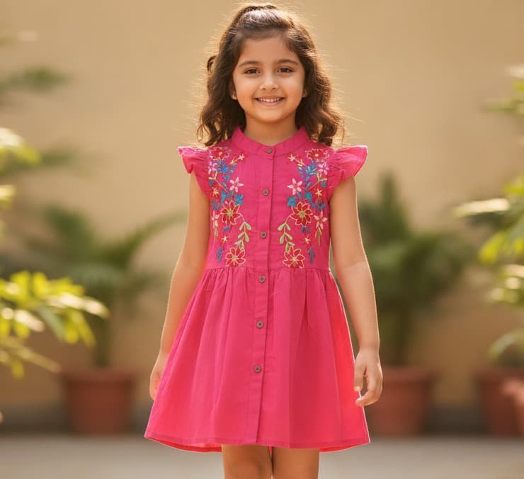 Jexport Pink Cotton Blend One Piece Dress for Girls with Short Sleeves and Mandarin Collar - Casual Summer Wear