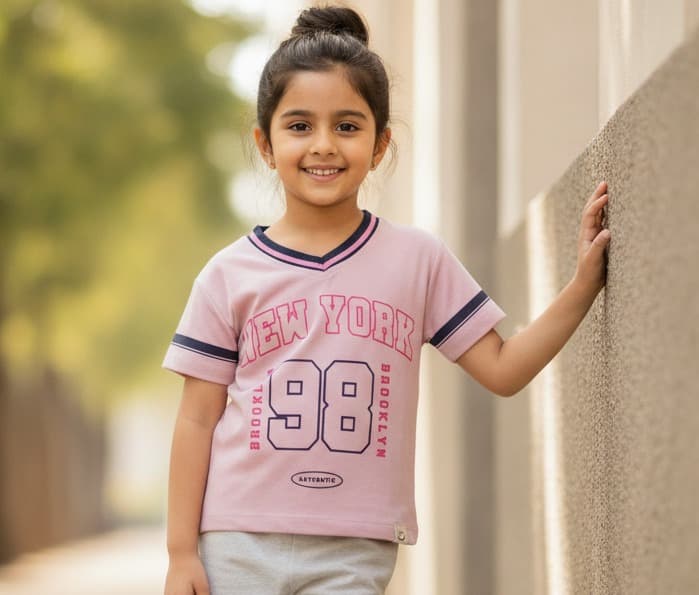 Happy Faces Girls Pink Cotton Blend T-Shirt | Half Sleeves | Round Neck | “NEW YORK BROOKLYN 98” Text | Slip-On | All-Season Wear