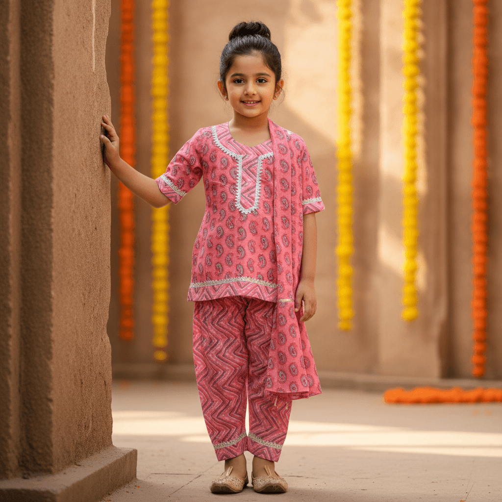 Cuddly Cubs Pink Cotton Kurti & Patiala Set for Girls - Formal/Partywear, All Season, Half Sleeves, Round Neck