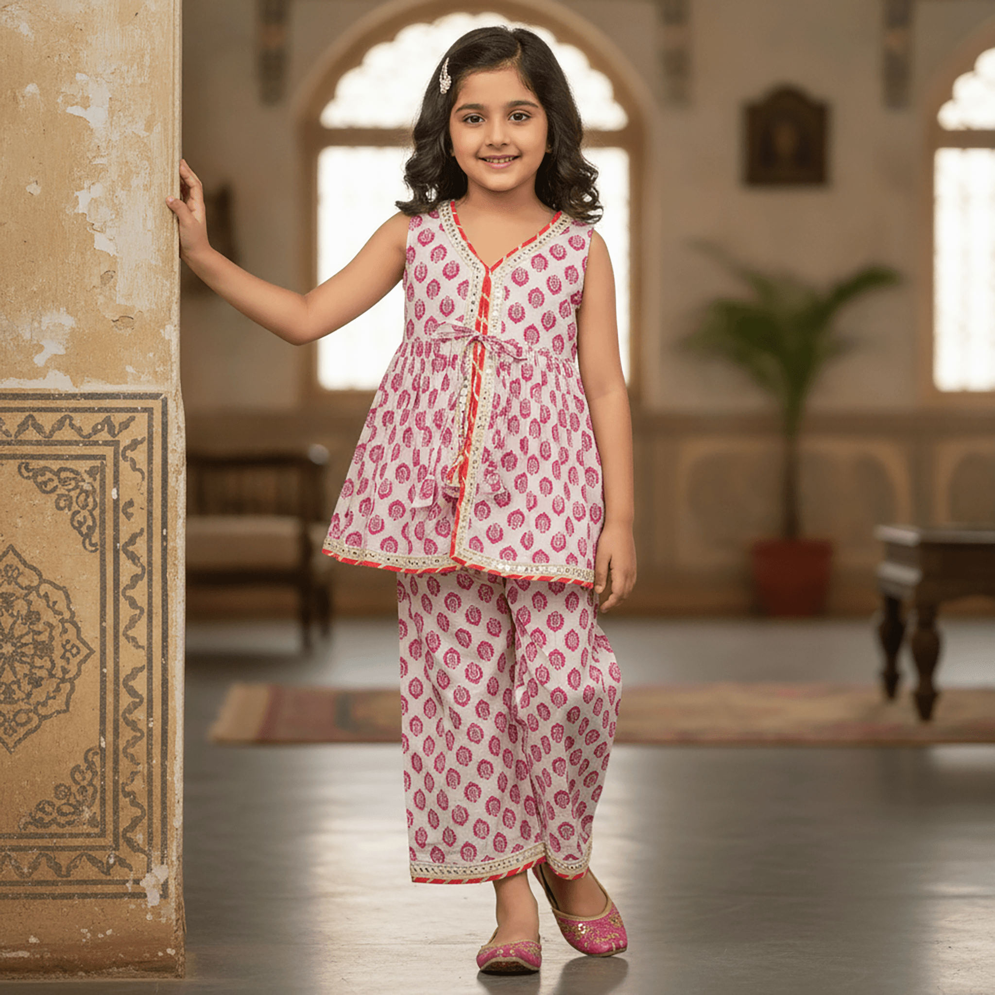 Cuddly Cubs Girls Pink Cotton Kurti & Sharara Set | Sleeveless V Neck | Slip-On Closure | Full Length Sharara | Mid Rise | Regular Fit | Casual & Daily Wear