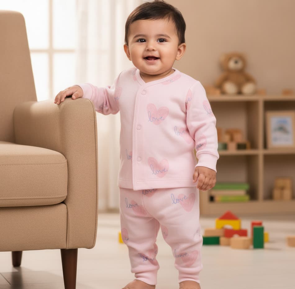 Ben Benny Unisex Pink Cotton Pyjama Set | Full Sleeves | V Neck | Front Snap Button Closure | Full-Length Joggers | Mid Rise | Regular Fit | All-Season Casual Wear | Machine Wash