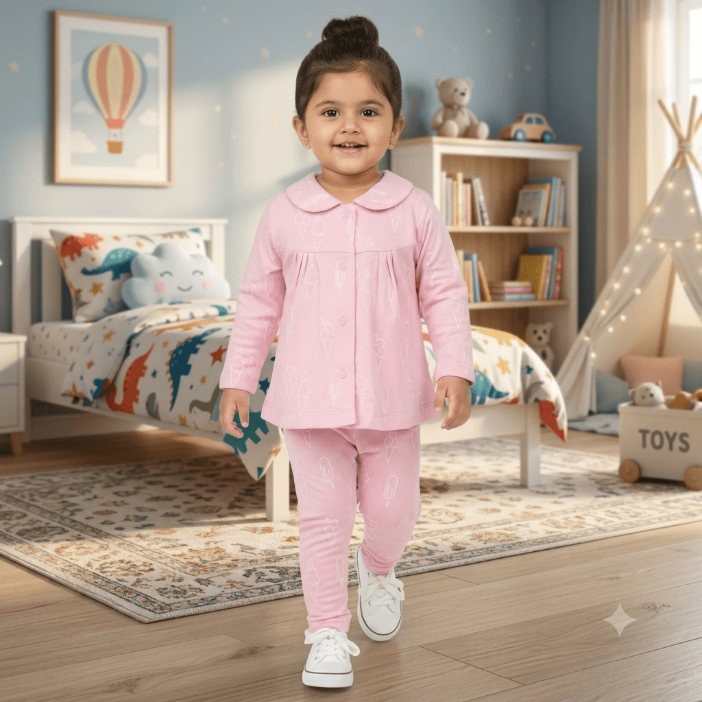 Ben Benny Girls Pink Cotton Pyjama Set | Full Sleeves | Camp Collar | Front Button Closure | Full-Length Leggings | Mid Rise | Regular Fit | All-Season Casual Wear | Machine Wash
