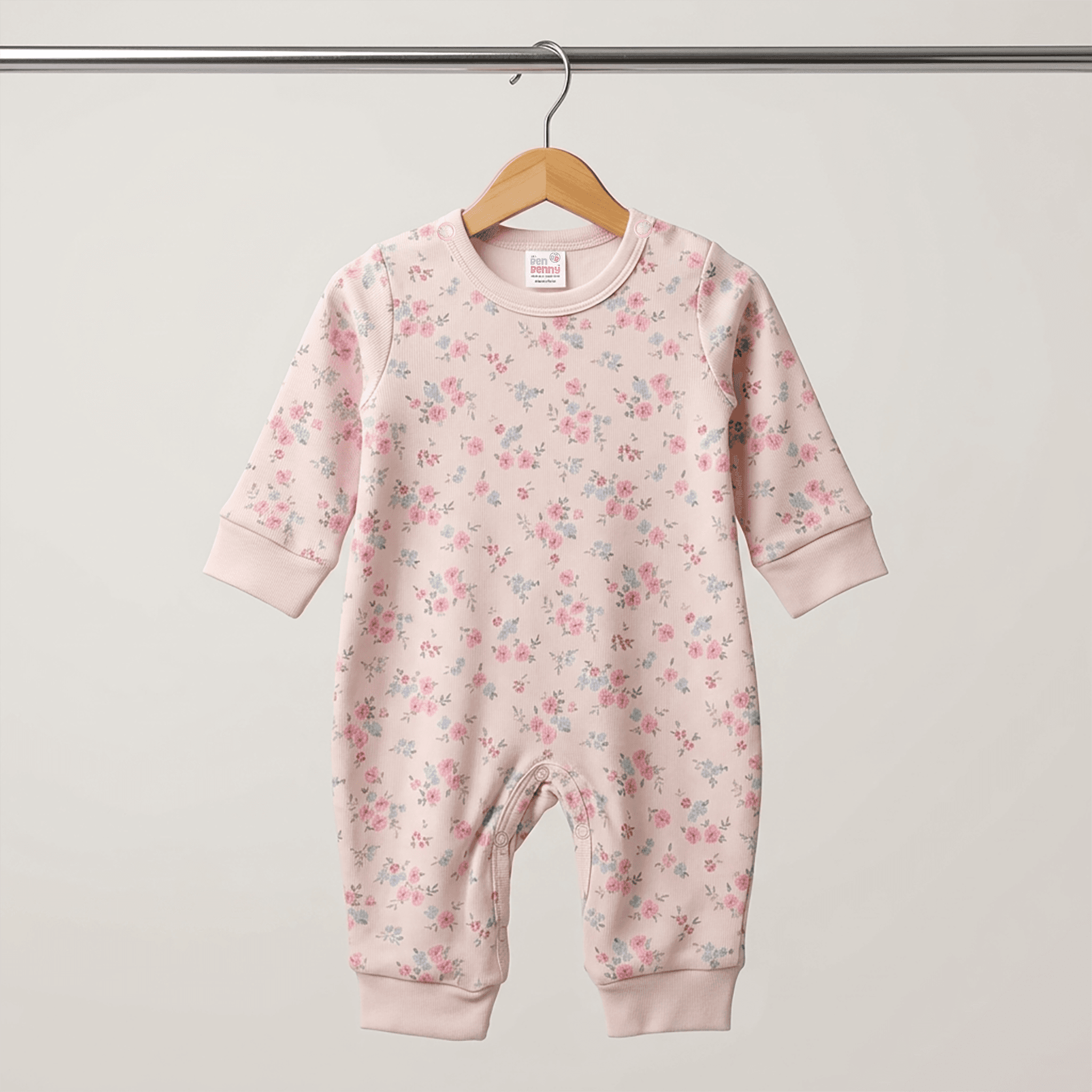 Ben Benny Girls Pink Cotton Romper | Full Sleeves | Round Neck | Shoulder Snap Buttons | Full Length | Mid Rise | Regular Fit | All-Season Casual Wear | Machine Wash