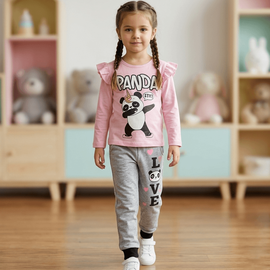 Lazy Shark Pink T-shirt & Joggers Set for Girls - Casual All Season Wear with PANDA STIC! and L O V E Print