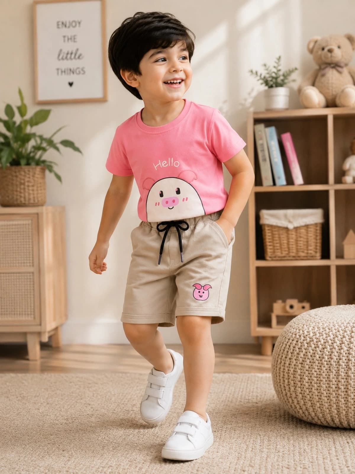 Toonyport Boys' Casual Summer T-shirt & Shorts Set in Pink with "Hello" Print