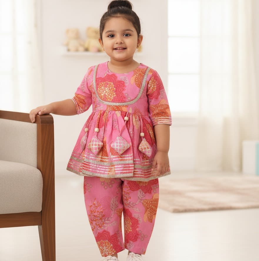 Novelle Heritage Pink Cotton Kurti & Salwar/Patiala Set for Girls - Formal/Partywear, All Season, Half Sleeves, Round Neck