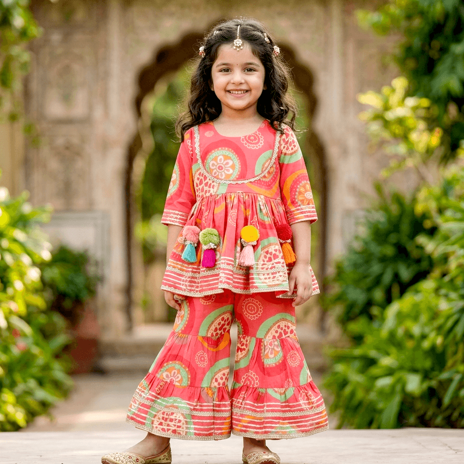 Novelle Heritage Pink Cotton Kurti & Sharara Set for Girls - Formal/Partywear, All Season, Half Sleeves, Round Neck