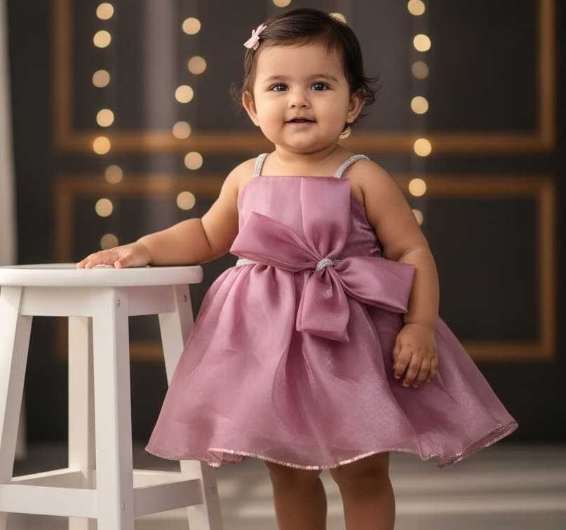 Kyub Pink Chiffon Party Dress for Girls with Singlet Sleeves and Back Zipper