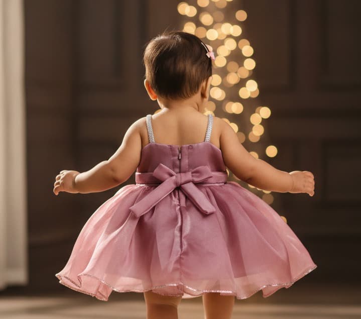Kyub Pink Chiffon Party Dress for Girls with Singlet Sleeves and Back Zipper