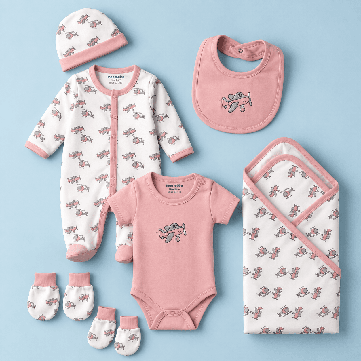 Neo Nate Unisex Pink Cotton Footed Romper Gift Set – Full Sleeve Round Neck