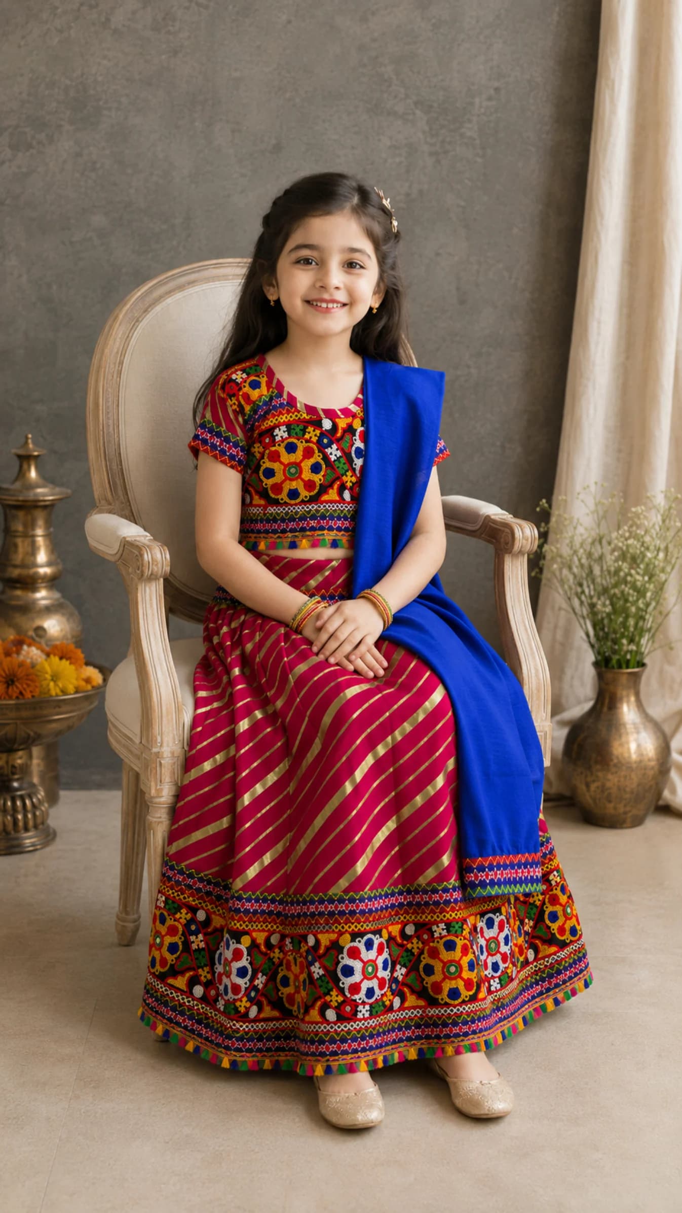 Ahhaaaa Girls Pink Cotton Blend Lehenga Choli Set | Short Sleeves Round Neck | Back Tie-Up Closure | Full Length Lehenga | Mid Rise | Regular Fit | Formal  Design May Vary