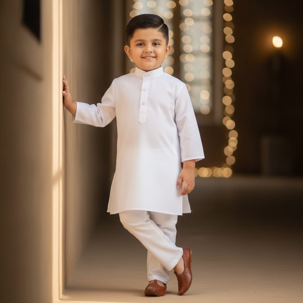 3D Kids Wear Boys White Cotton Blend Kurta Pyjama Set for Formal/Partywear All Season