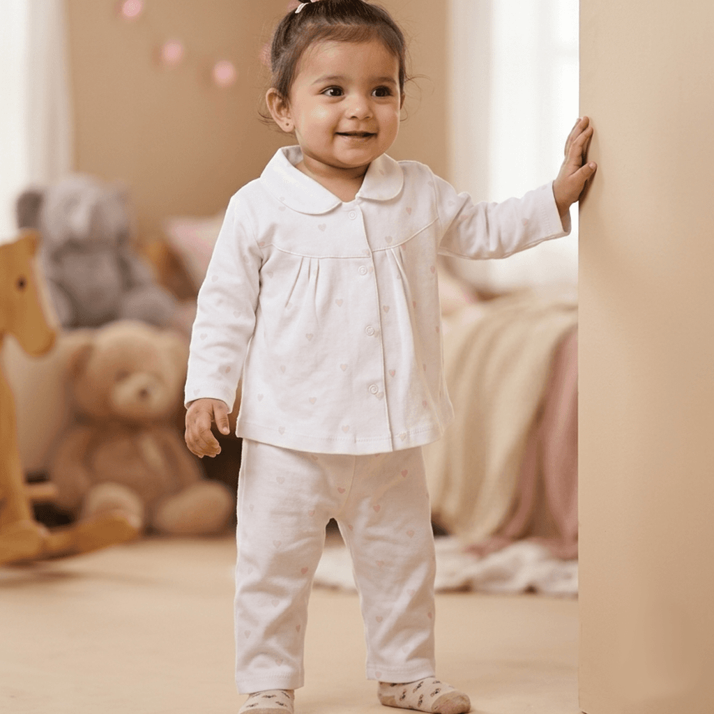 Ben Benny Girls White Cotton Pyjama Set | Full Sleeves | Camp Collar | Front Snap Button Closure | Full-Length Pyjamas | Mid Rise | Regular Fit | All-Season Casual Wear | Machine Wash