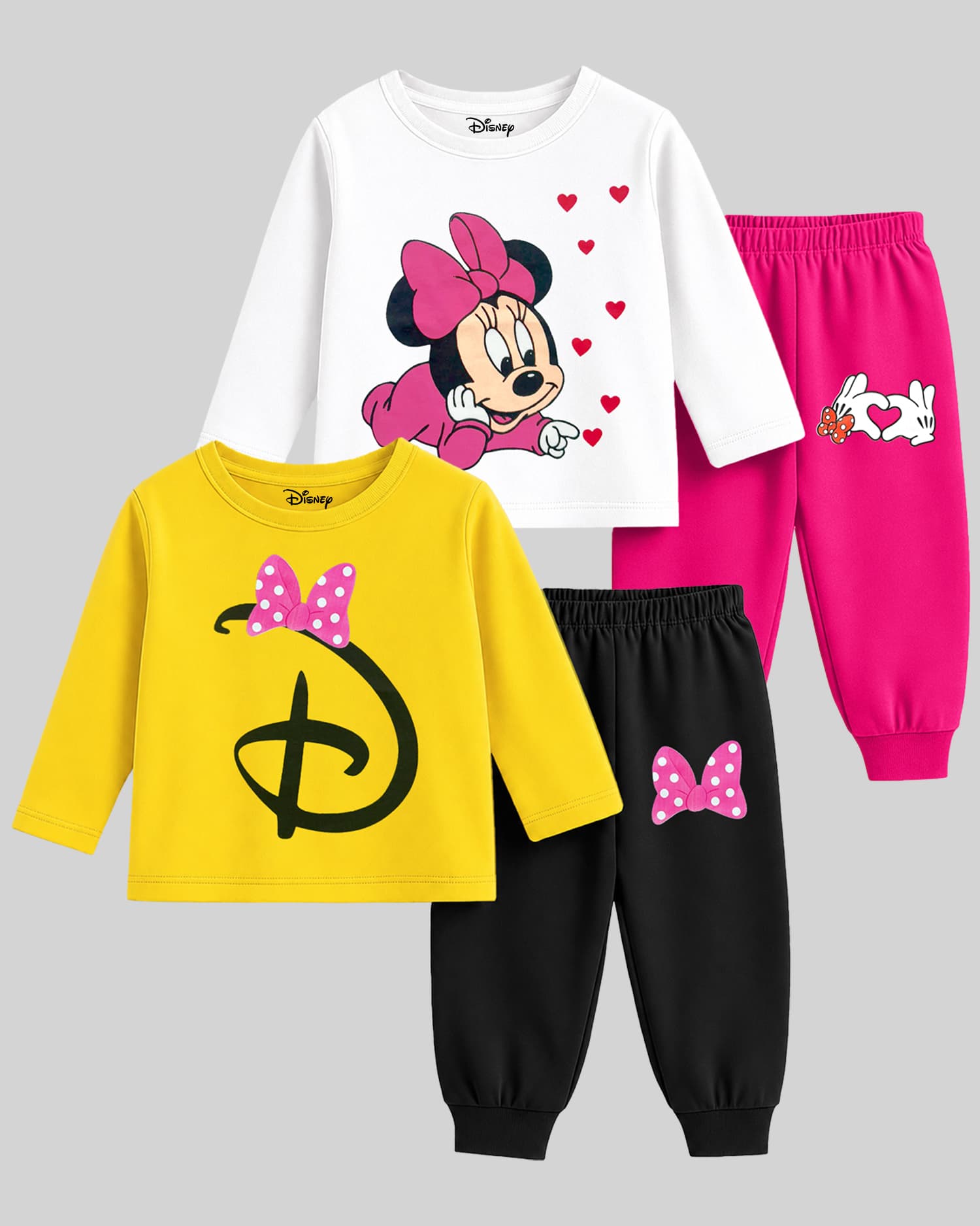 Kuchipoo Girls Disney Printed Cotton T-Shirt & Joggers Set – Full Sleeves Round Neck Casual Wear, White & Pink