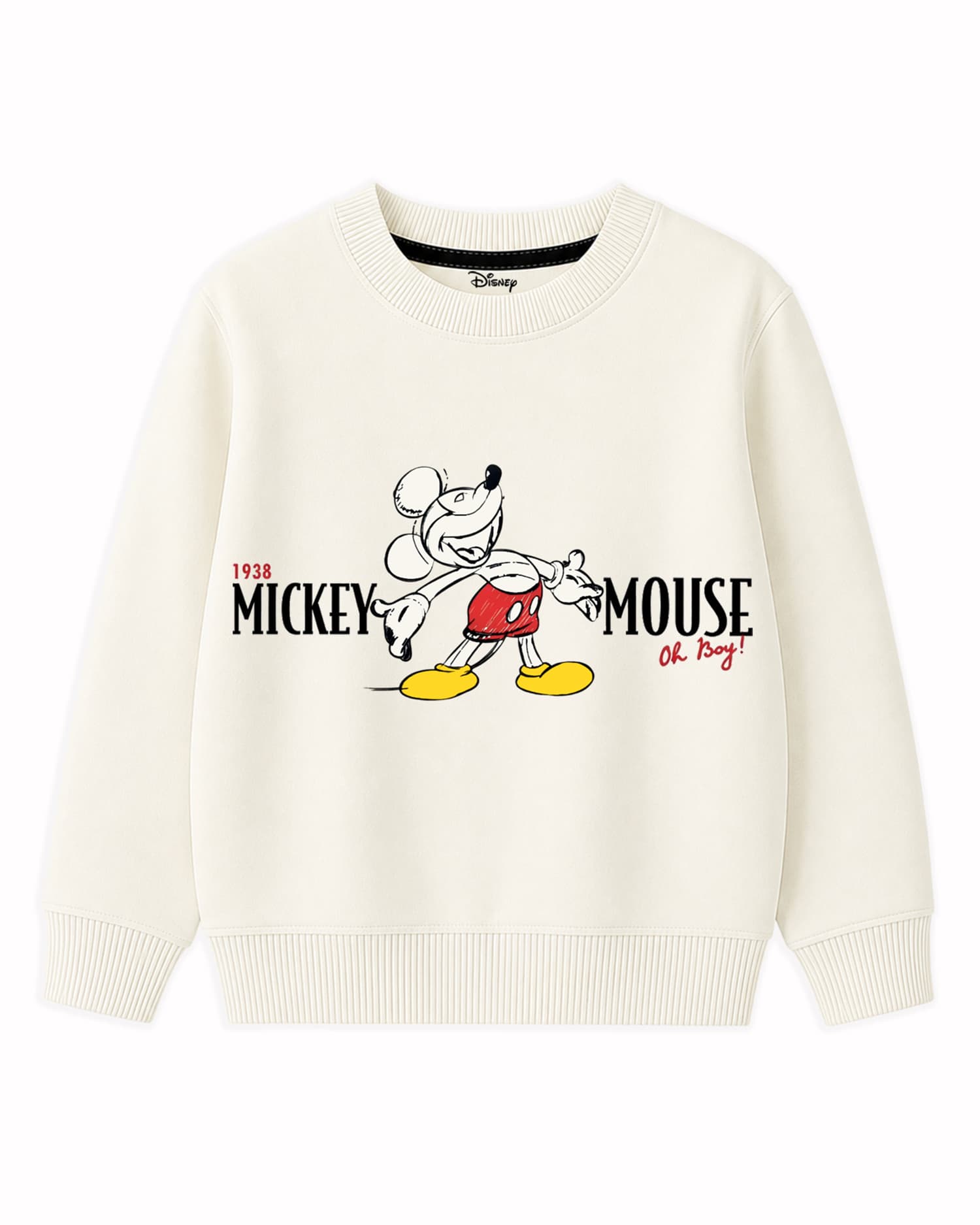 Kuchipoo Boys' White Cotton Sweatshirt with 1938 MICKEY MOUSE Oh Boy! Print for Casual Winter Wear