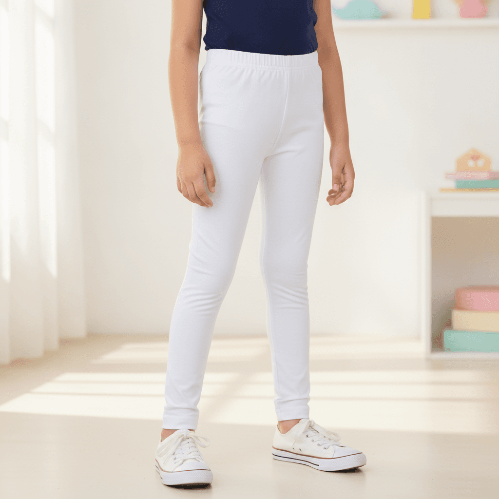 FIDO Girls' Full Length Cotton Leggings - White, Casual Daily Wear, All Season, Mid Rise, Slip-on