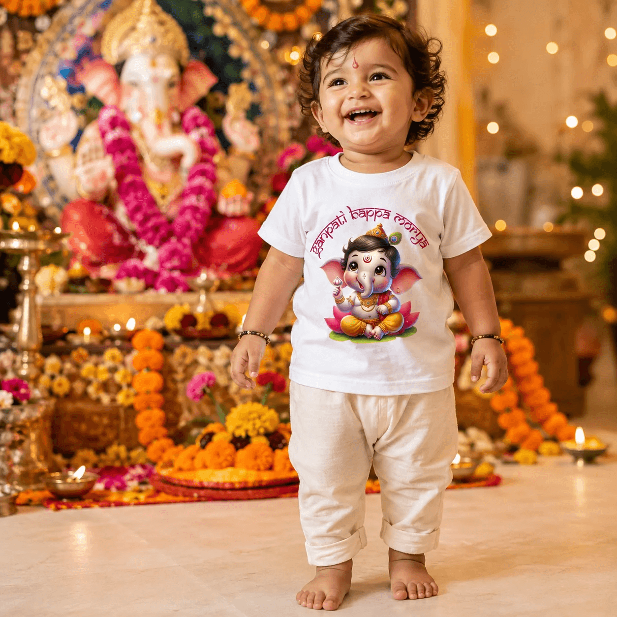 KARMIKH Unisex Kids White Cotton T-Shirt | “Ganpati Bappa Morya” Print | Short Sleeve Round Neck | Casual & Daily Wear