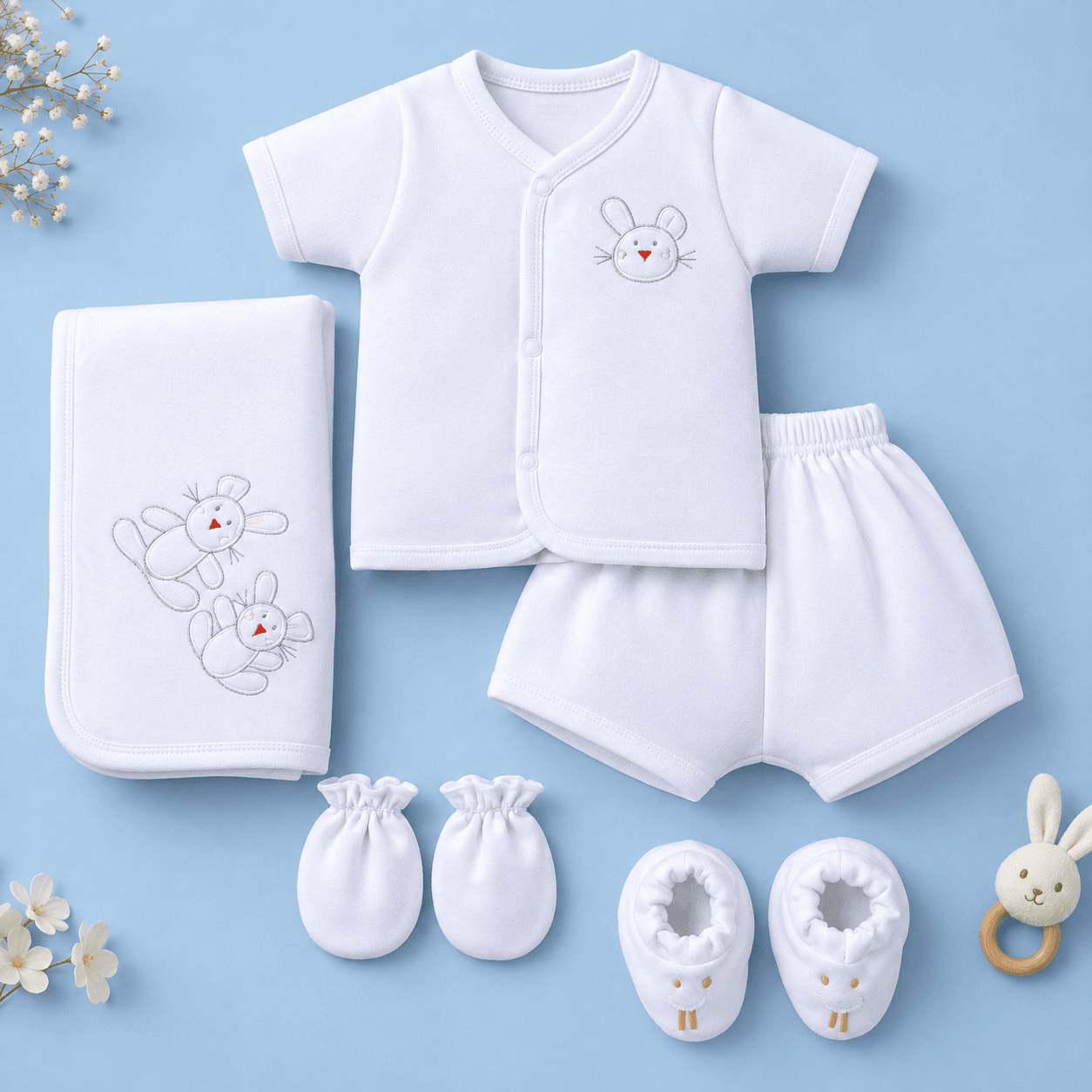 Child World Unisex White Cotton Apparel Gift Set with V-Neck Jhabla & Shorts
