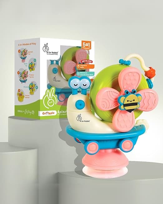 R for Rabbit Orapple Spinster Toy – 5-in-1 Baby Suction Spinner, Rattle, Friction Car & Sensory Play Toy, BPA-Free, Battery-Free Fun