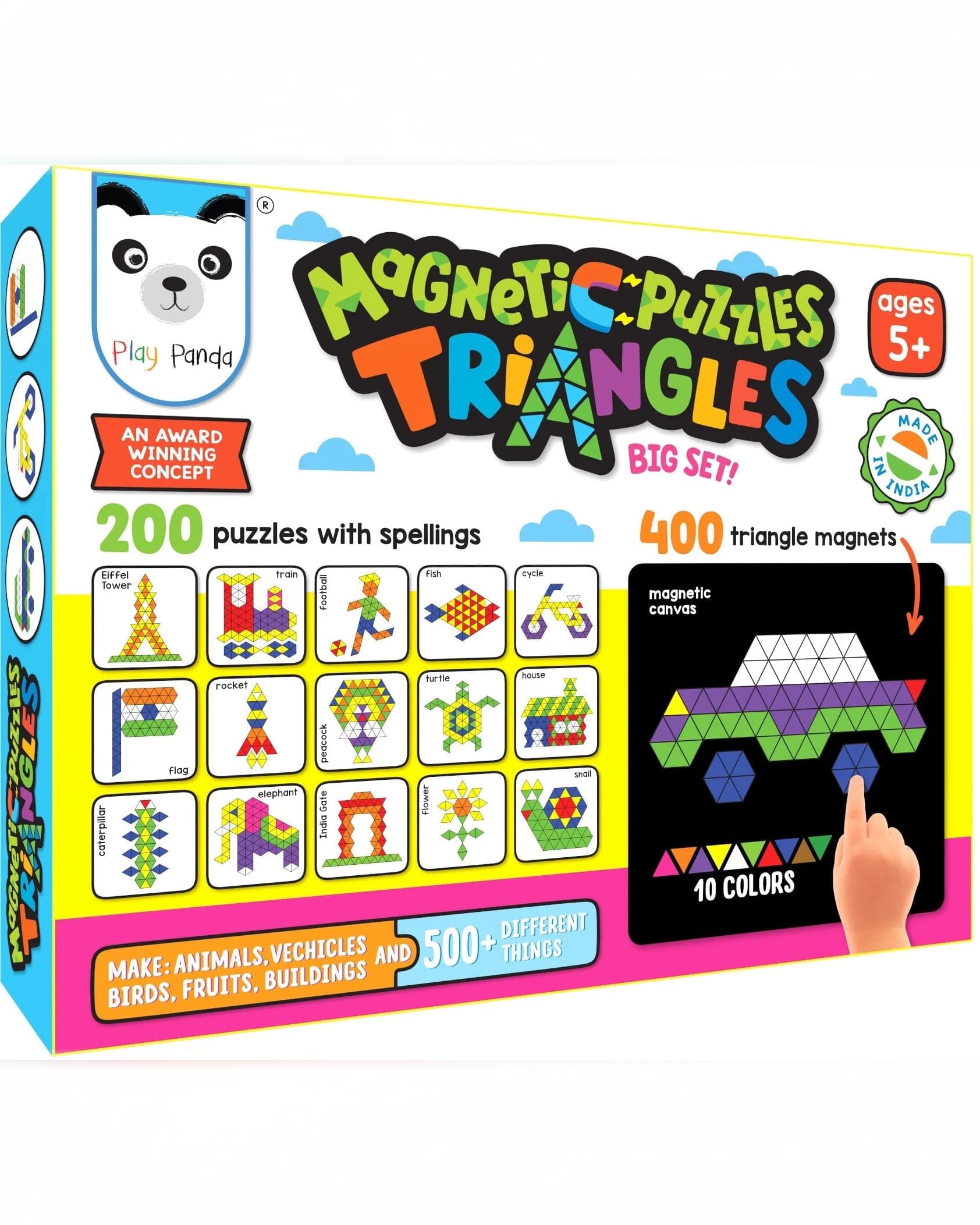 Play Panda Magnetic Puzzles Big Triangles with 400 Magnets, 200 puzzles, Magnetic Board and Display Stand