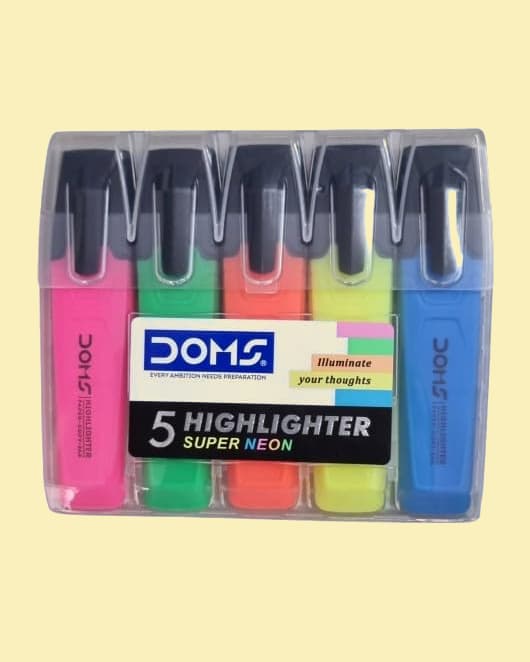 DOMS Neon Highlighter Set of 5 | Fluorescent Multicolor Pens | Bright Ink, Smooth Chisel Tip (Pack of 5)