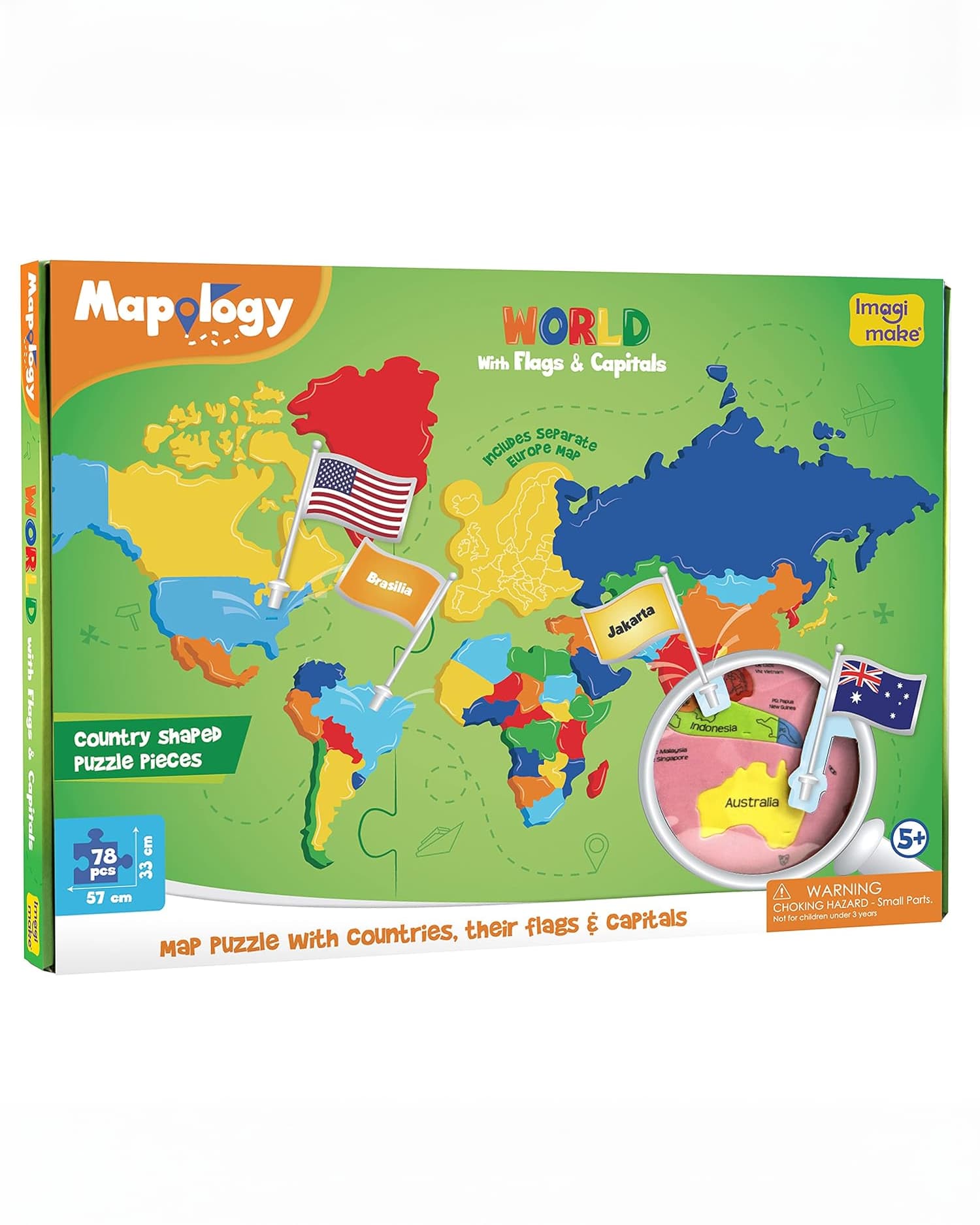 Imagimake Mapology World Flags & Capitals – World Map Jigsaw Puzzle with 75 Country-Shaped Pieces for Kids