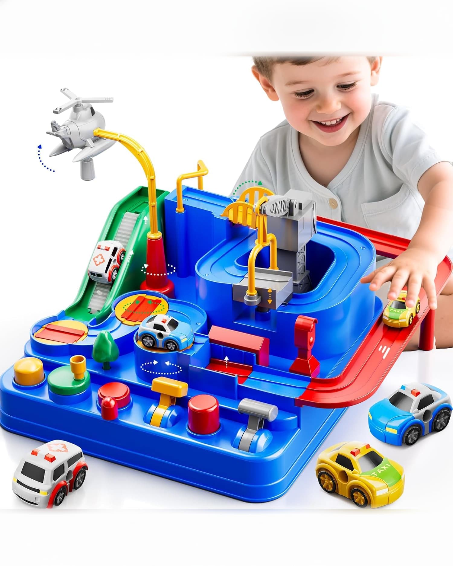 Interactive City Rescue Car Adventure Track Playset with Manual Control, 3 Mini Cars & Helicopter (Ages 3+)