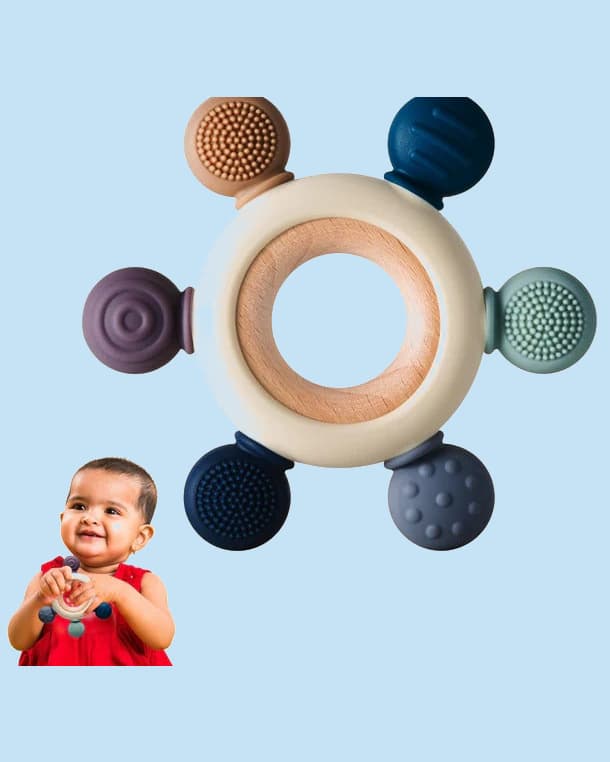 Kidology Wooden Teether, 3M-3Y | Eco-Friendly, Beechwood, Food-Grade Silicone, Soothing Ring