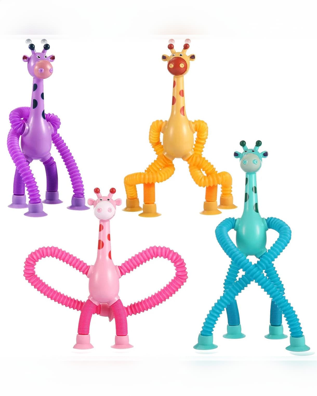 Multicolour Telescoping Giraffe Pop-Tube Sensory Toys (Pack of 4): Flexible Suction Cup Figures for Stress Relief