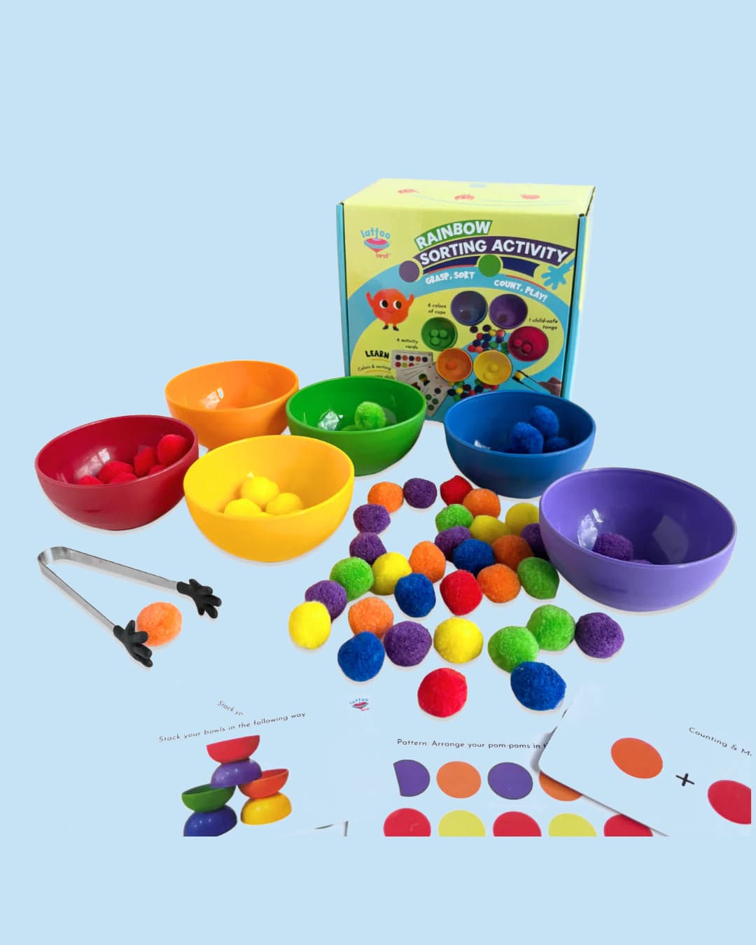 Rainbow Sorting Activity Set with Tongs, Cups & Pompoms | Grasp, Sort & Count Learning Toy for Kids 3+ Years