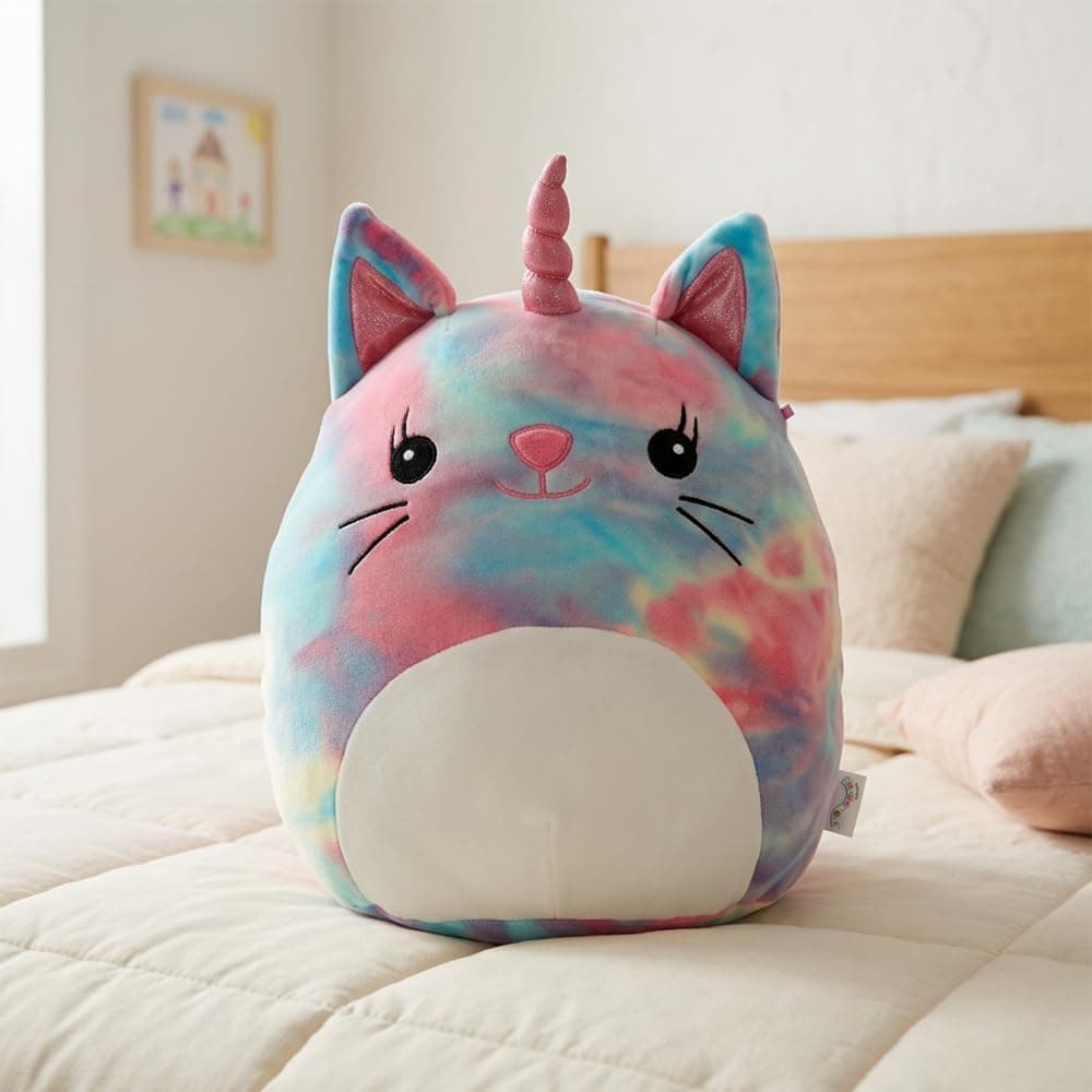 Mirada Tie Dye Cat Face Soft Plush Toy – 30cm | Cute Colourful Kitty Stuffed Cushion for Kids & Girls