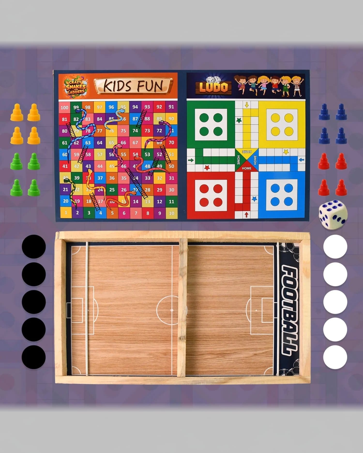 DeoDap Wooden Board Game Set – Ludo, Snakes & Ladders & Desktop Football | 3-in-1 Family Fun Game