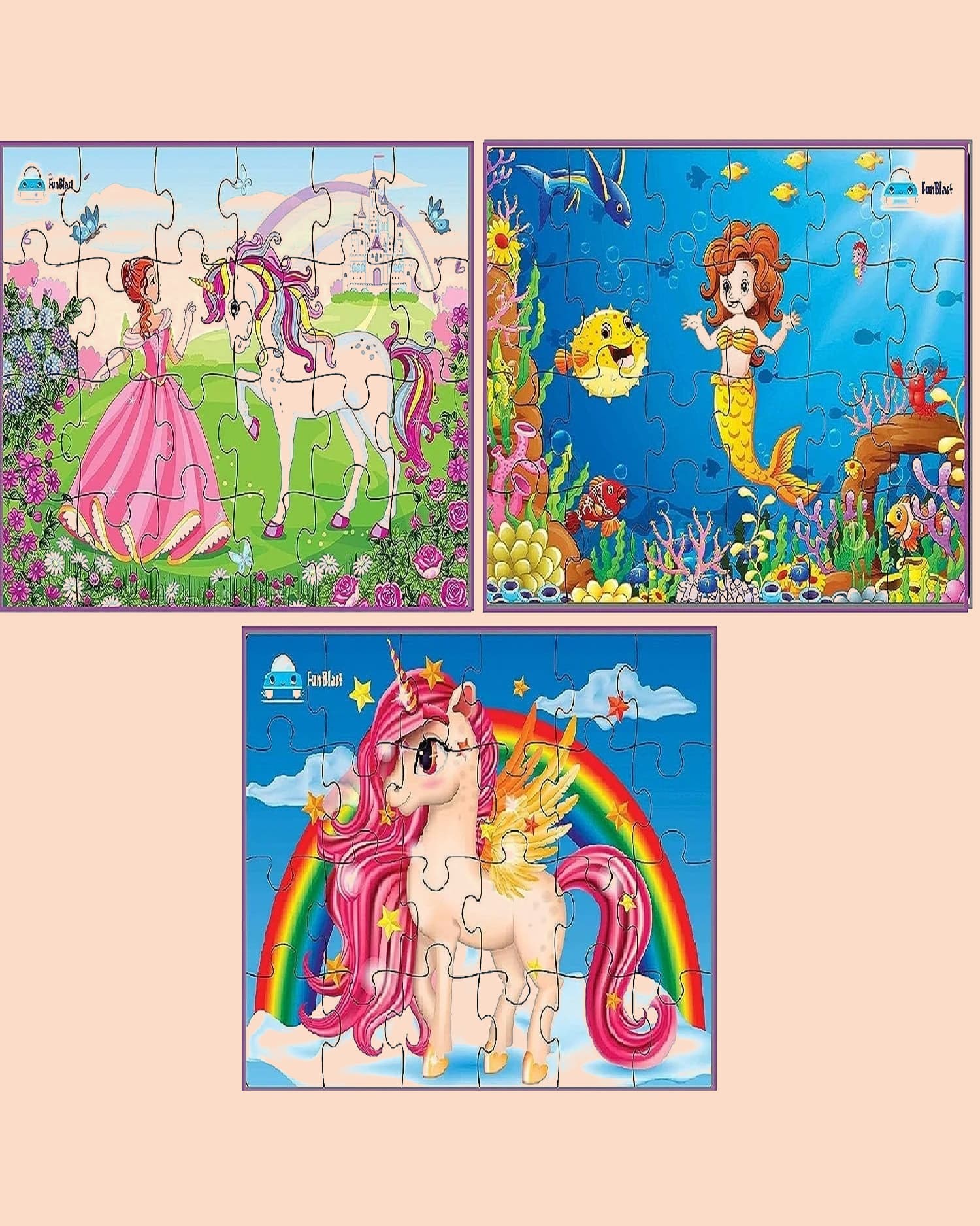 FunBlast Unicorn & Mermaid 3-in-1 Jigsaw Puzzle for Kids | 72 Pieces Educational Puzzle Set for Children