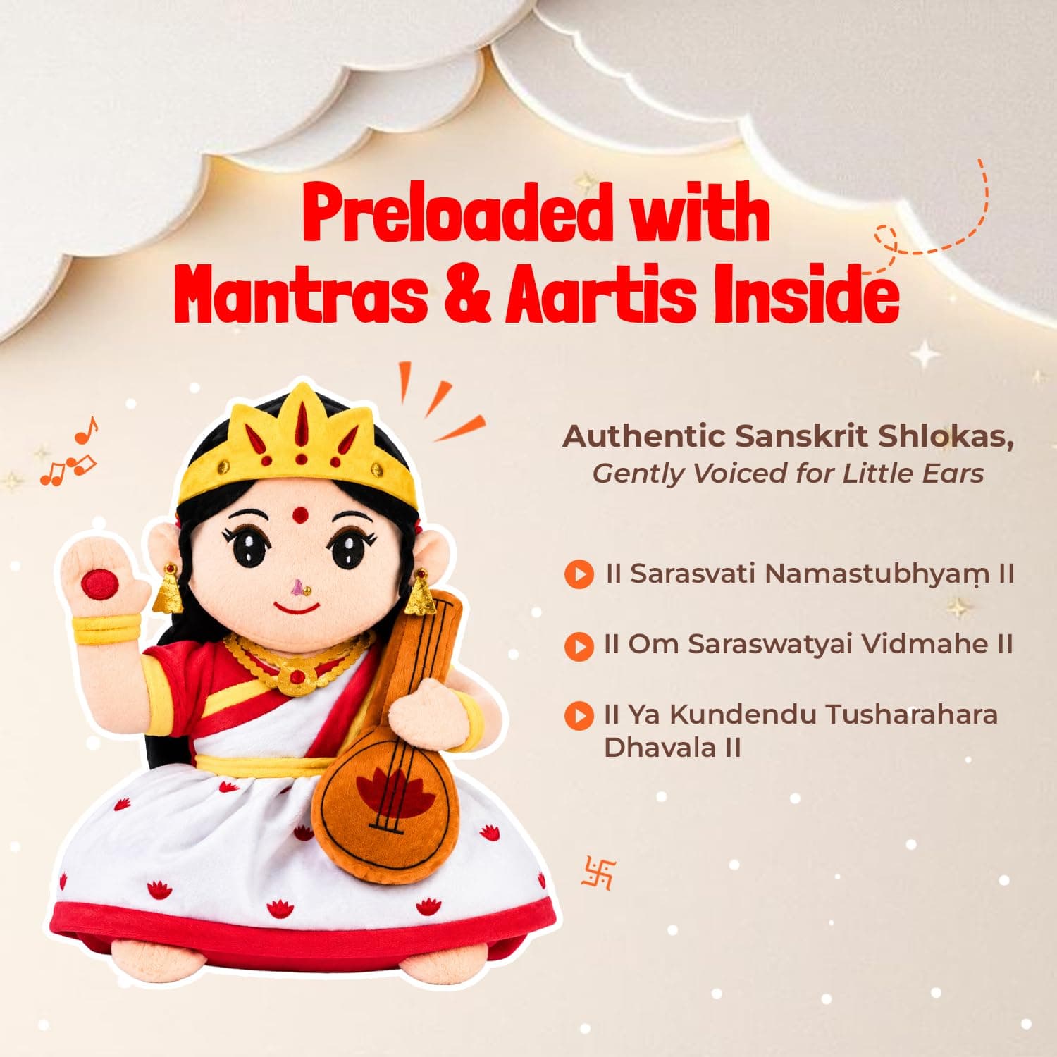 Panda's Box Mantra Chanting Devi Saraswati Plush Toy 28 cm (Medium) –Plush toy for Kids