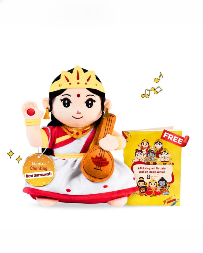 Panda's Box Mantra Chanting Devi Saraswati Plush Toy 28 cm (Medium) –Plush toy for Kids
