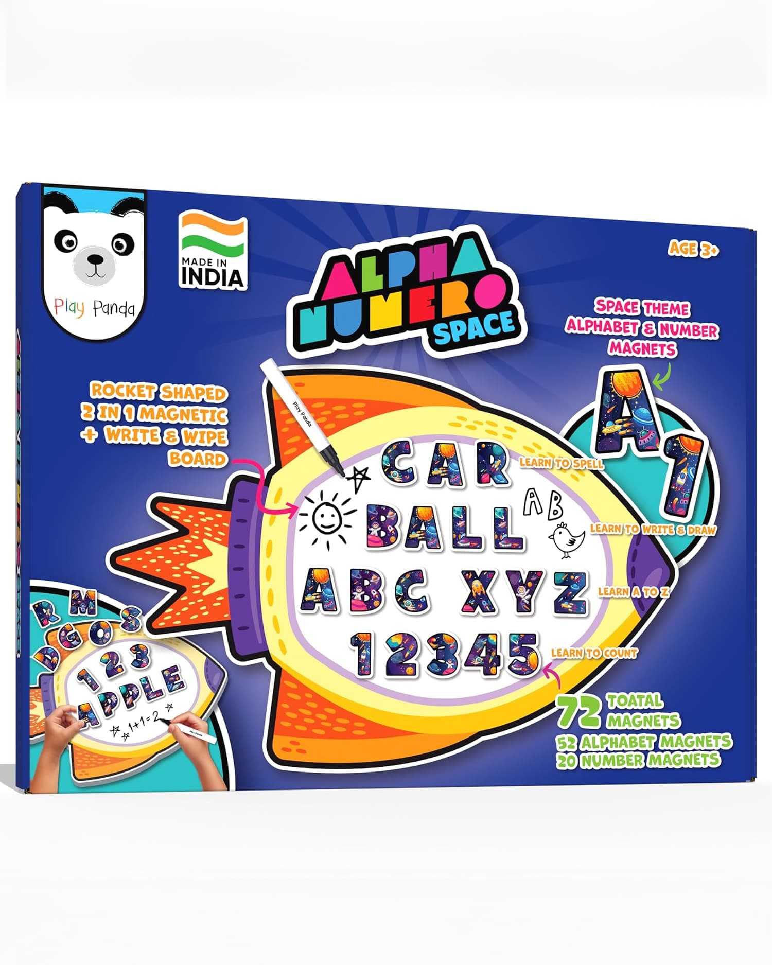 Play Panda Kids 2-in-1 Rocket Magnetic Learning Board with 72 Alphabet & Number Magnets, Write & Wipe Educational Toy