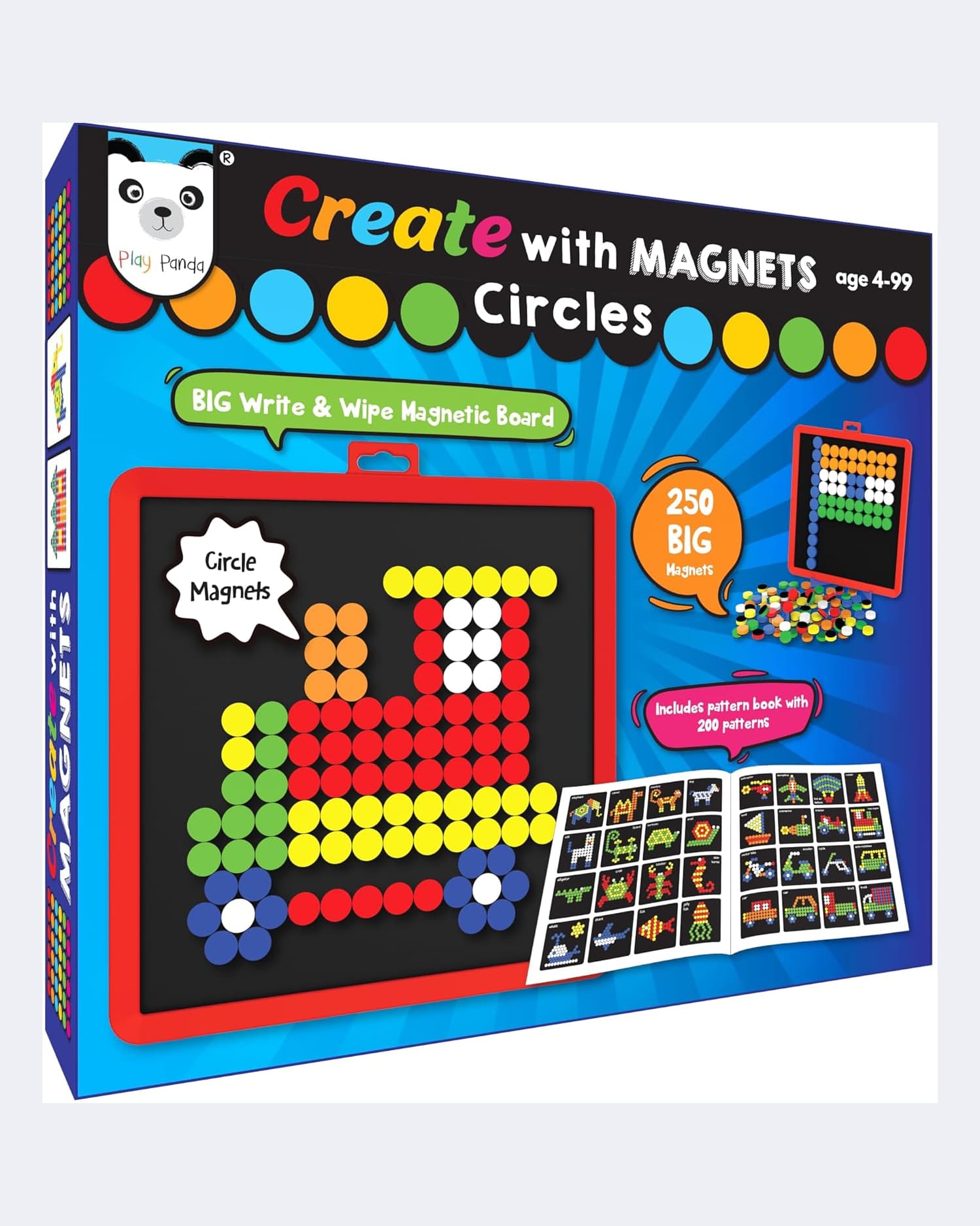 Play Panda Create with Magnets Circles 250 Big Magnets with 2-in-1 Write & Wipe Board, Pattern Book, Pen & Duster